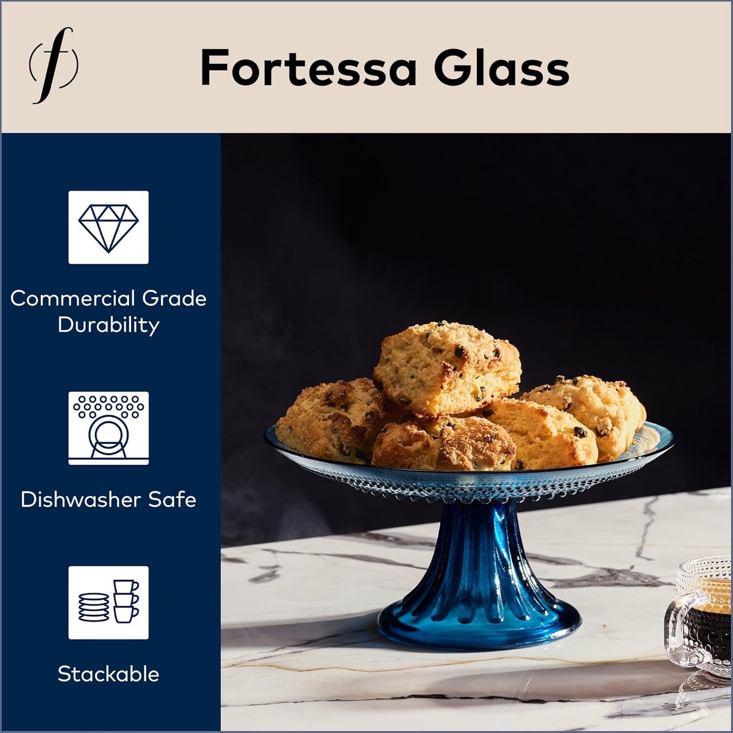 Fortessa Jupiter Beaded Hobnail Glass, 8.5 Inch Mini Cake/Cupcake Stand, Cornflower Blue