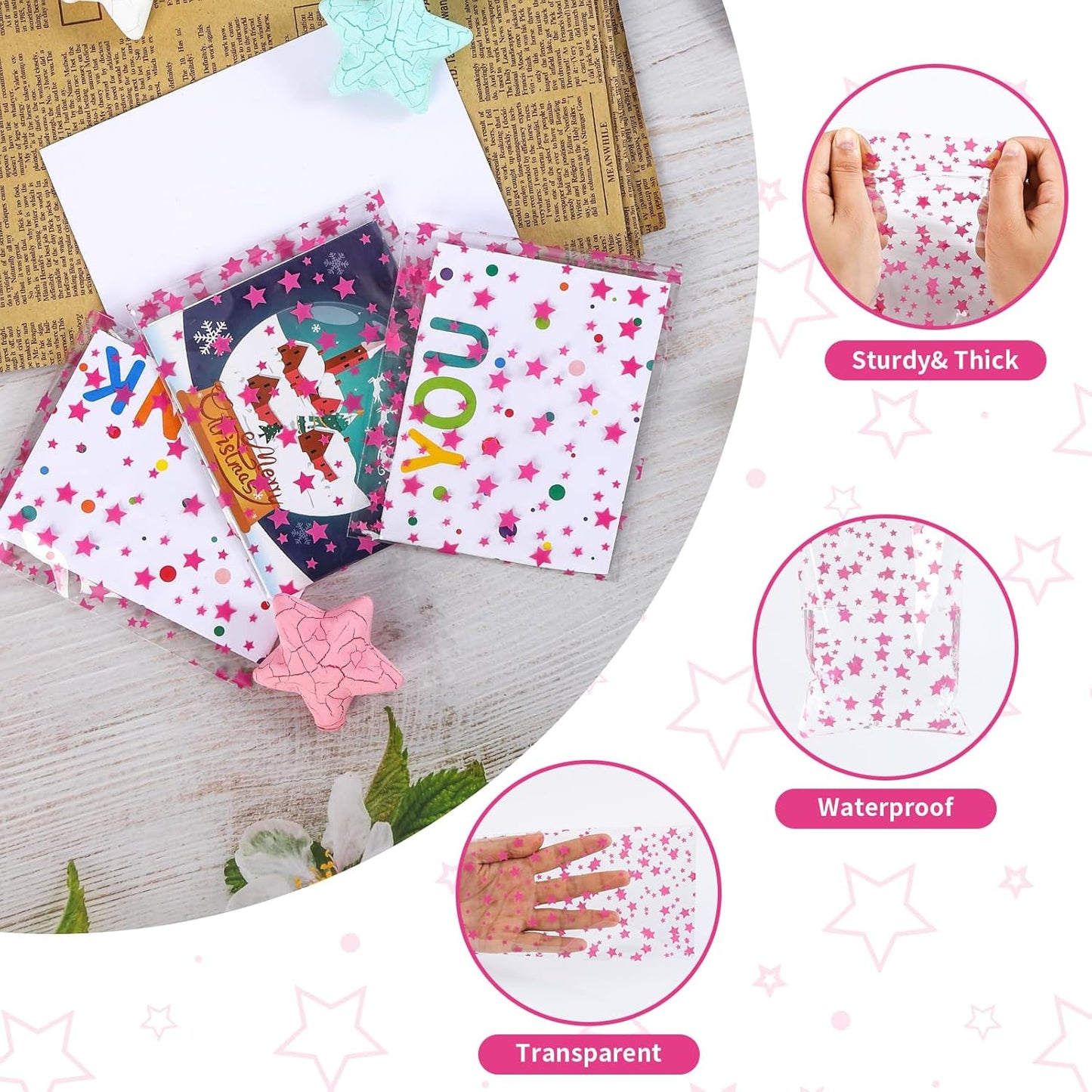 100 Pcs Star Printed 5"X 7" Gift Wrap Cello Cellophane Treat Bags Party Favor bags Clear Candy Cookie Bag Plastic Poly Goodie Storage Bag with Twist Ties for Bakery,Birthday, Wedding ,Party Decorations (Gold)