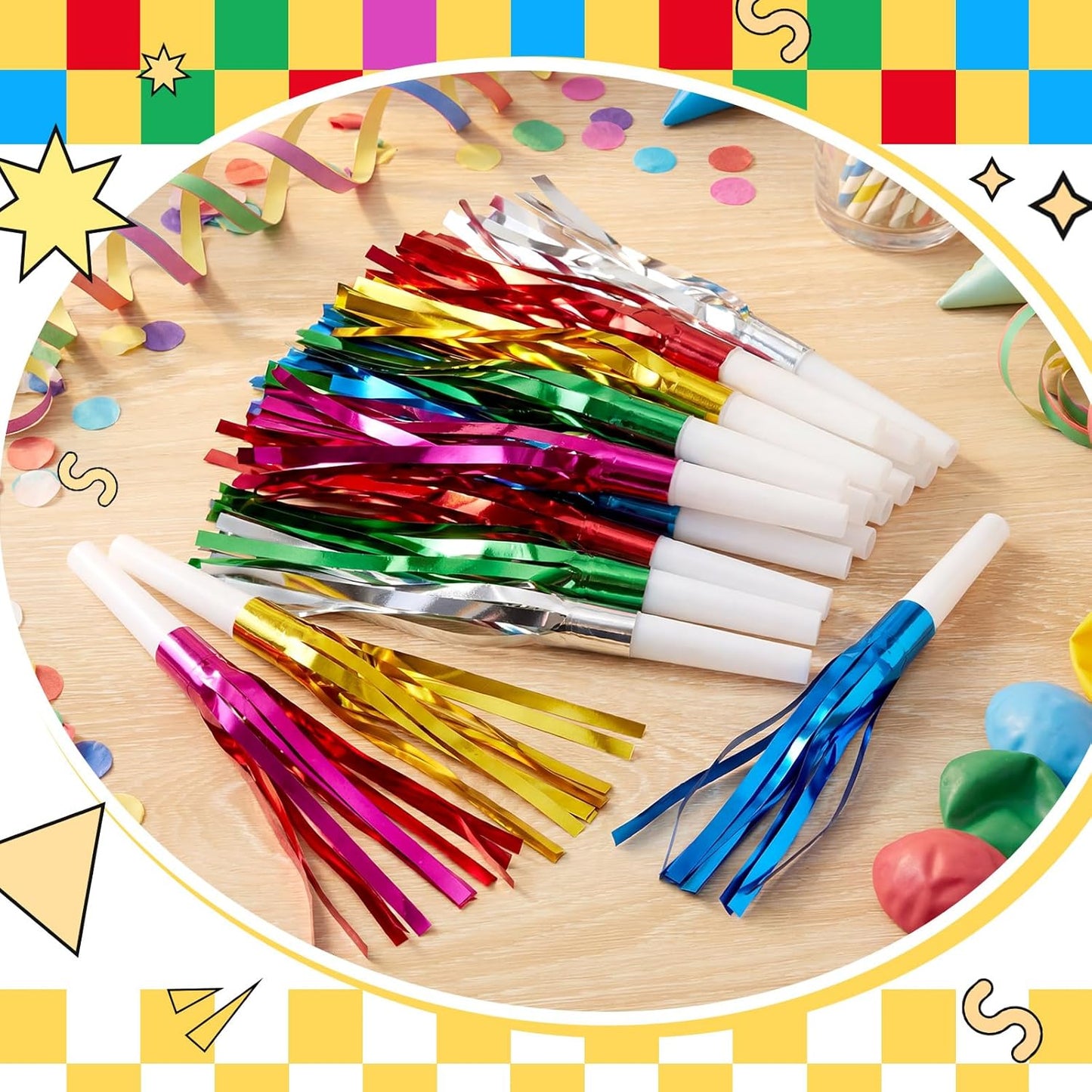 Sumind 24 Pcs Gold Noise Makers Metallic Fringed Party Blowers Horns Whistles Noisemakers Party Favors for Adults Birthday Graduation Sporting Events Celebration Surprise Supplies