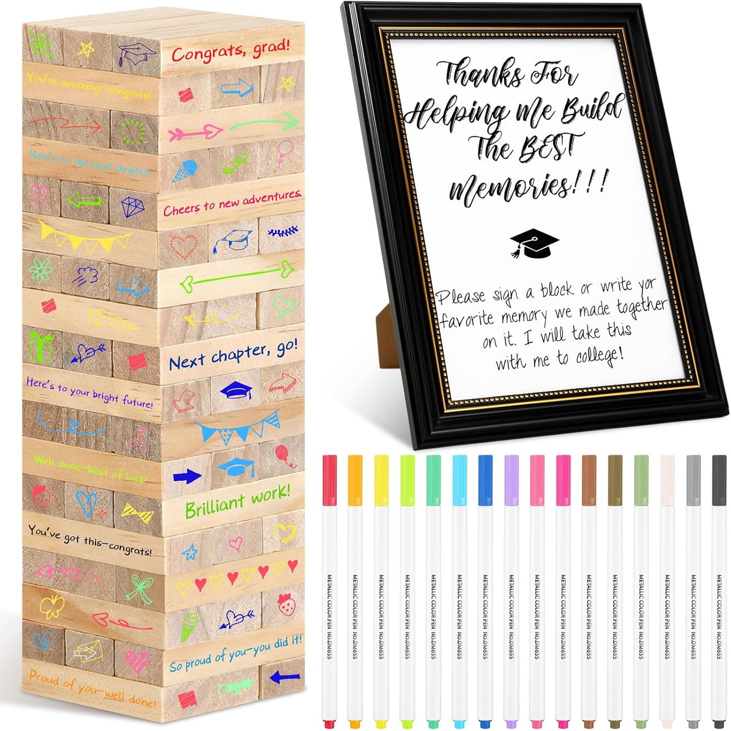 Gerrii 72 Pcs 2026 Graduation Guest Book Alternative for Sign in, 54 Wooden Block 16 Pens and Grad Photo Frame for Congrats Grad Party Supplies College High School (Black Photo Frame)