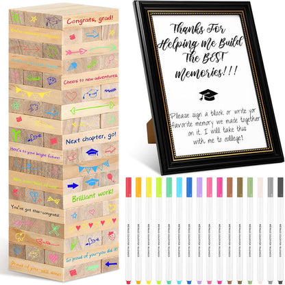 Gerrii 72 Pcs 2026 Graduation Guest Book Alternative for Sign in, 54 Wooden Block 16 Pens and Grad Photo Frame for Congrats Grad Party Supplies College High School (Black Photo Frame)