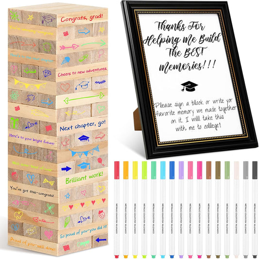 Gerrii 72 Pcs 2026 Graduation Guest Book Alternative for Sign in, 54 Wooden Block 16 Pens and Grad Photo Frame for Congrats Grad Party Supplies College High School (Black Photo Frame)