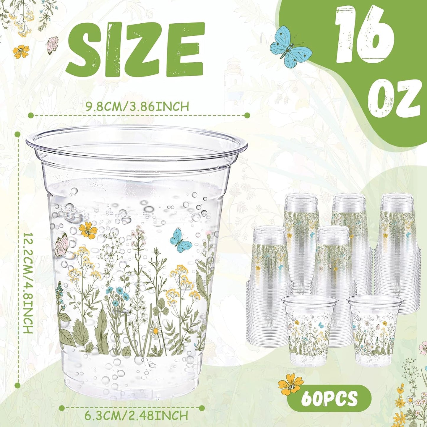 Hushee 60 Pcs Purple Floral Cups with Spring Summer Flower 16 oz Wildflowers Plastic Disposable Drinking Cups for Summer Spring Birthday Baby Shower Wedding Party Supplies