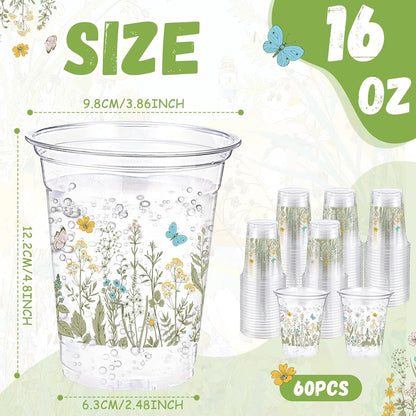 Hushee 60 Pcs Purple Floral Cups with Spring Summer Flower 16 oz Wildflowers Plastic Disposable Drinking Cups for Summer Spring Birthday Baby Shower Wedding Party Supplies