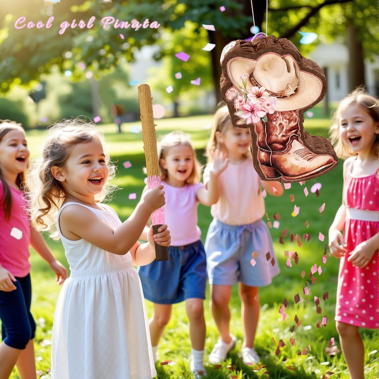 Pink Cowgirl Boot Piñata Set with Bat and Blindfold, 15.7 x 11 in Western Cowgirl Birthday Party Decorations, Girls Theme Party Piñata for Candy & Treats
