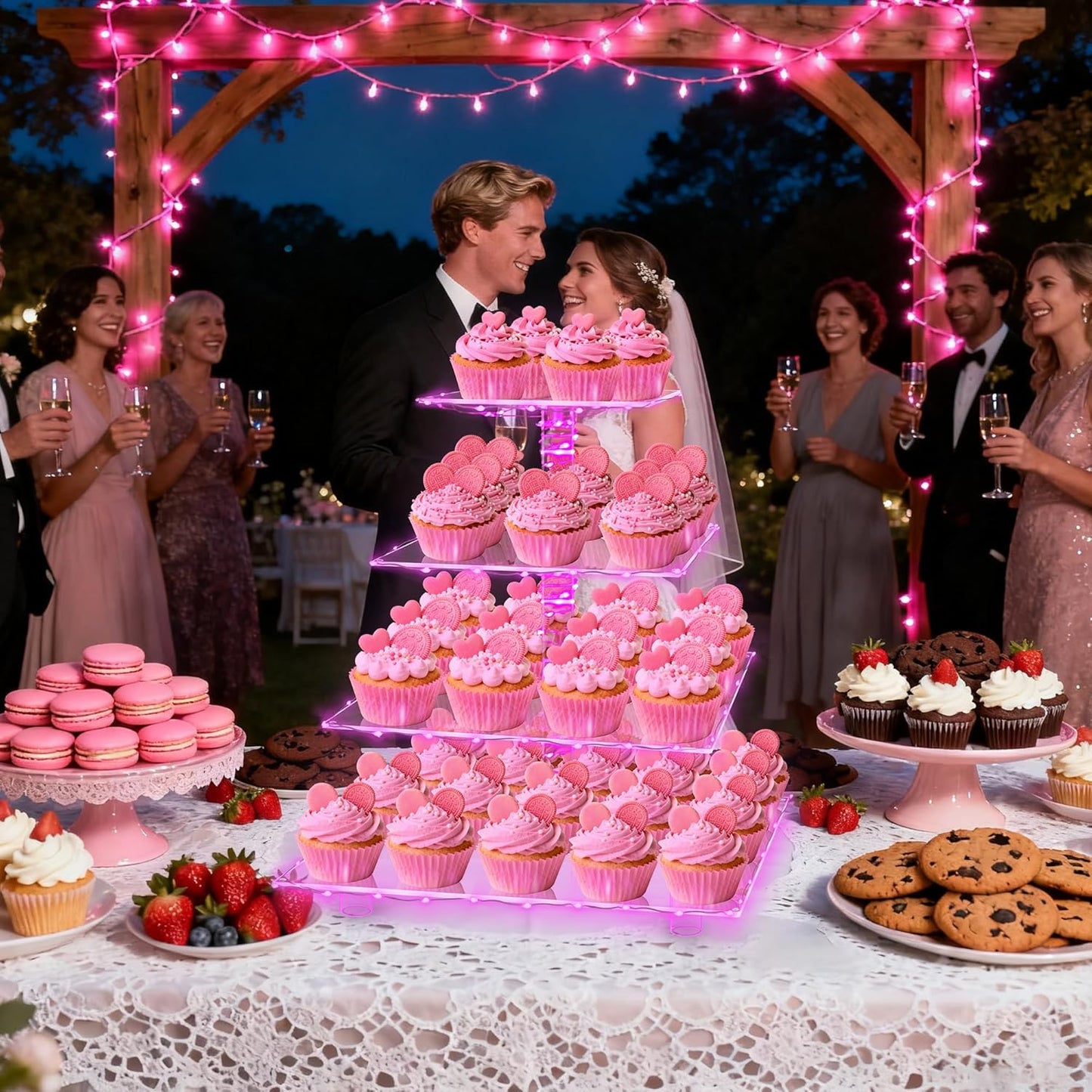 YestBuy Cupcake Stand with Yellow Led Lights, 4 Tier Cupcake Stand for 50 Cupcakes, Acrylic Cupcake Tower Stand, Clear Tiered Cupcake Holder for Birthday Cady Bar Décor Weddings, Parties Events