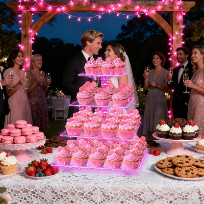 YestBuy Cupcake Stand with Yellow Led Lights, 4 Tier Cupcake Stand for 50 Cupcakes, Acrylic Cupcake Tower Stand, Clear Tiered Cupcake Holder for Birthday Cady Bar Décor Weddings, Parties Events