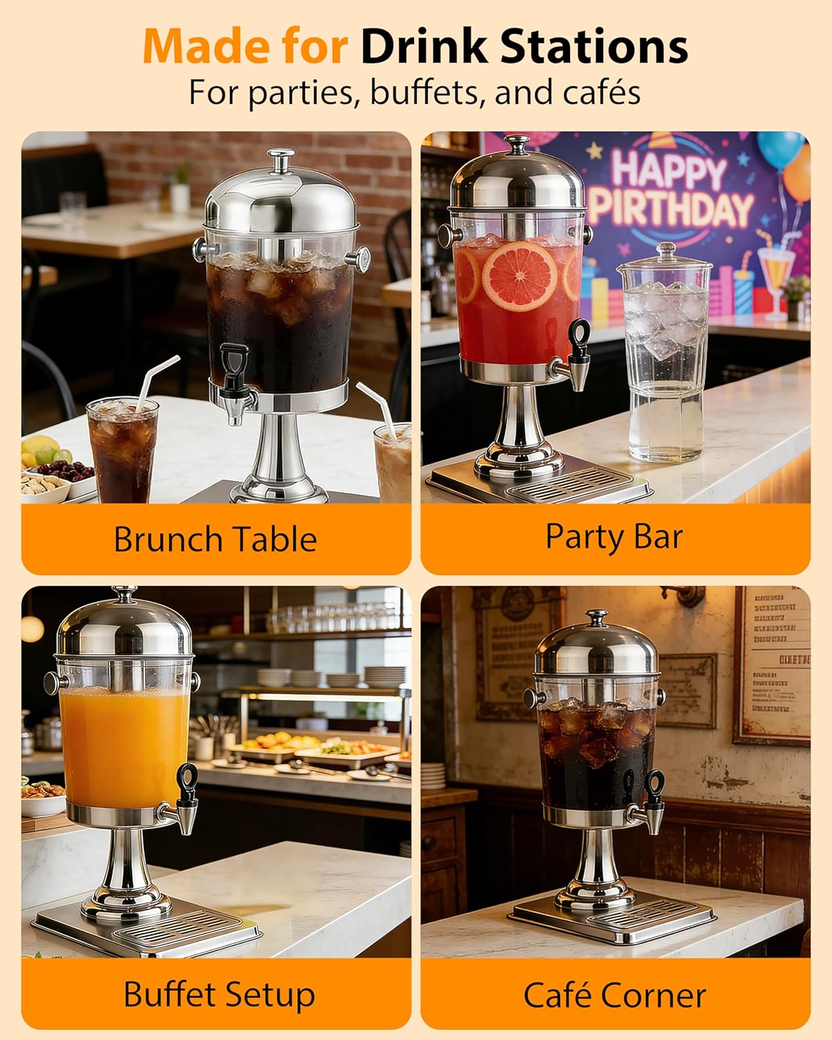Beverage Dispenser with Stand,2 Gallon Drink Dispenser for Parties,Events,Buffet &Self-Serve,Dual Ice Tube Core Fruit Infuser,Leakproof Spigot,Clear PC Container,Stainless Steel Lid&Base