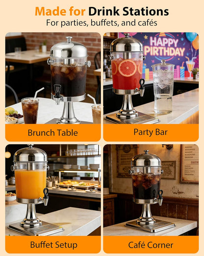 Beverage Dispenser with Stand,2 Gallon Drink Dispenser for Parties,Events,Buffet &Self-Serve,Dual Ice Tube Core Fruit Infuser,Leakproof Spigot,Clear PC Container,Stainless Steel Lid&Base