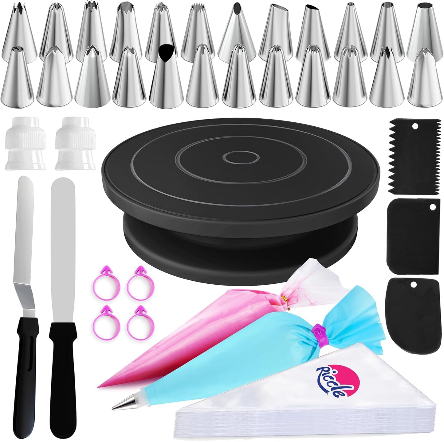 Riccle 88 pcs Cake Decorating Kit with Cake Turntable - Includes 50 Disposable + 2 Reusable Piping Bags and Tips Set, 24 Icing Piping Tips, 2 Spatulas, 3 Icing Comb Scraper, Baking Supplies