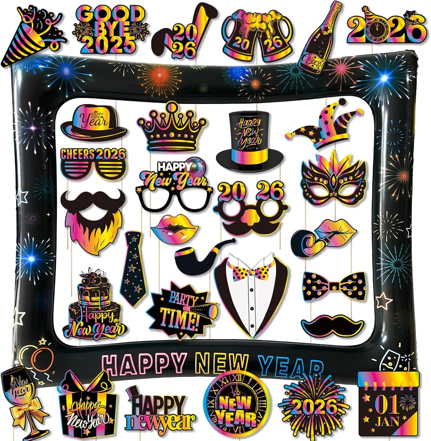 Hawaiian Photo Booth Props & Inflatable Frame, 30Pcs Luau Photobooth Props with Large Inflatable Inflatable Selfie Picture Frame for Summer Tropical Aloha Luau Party Selfie Supplies