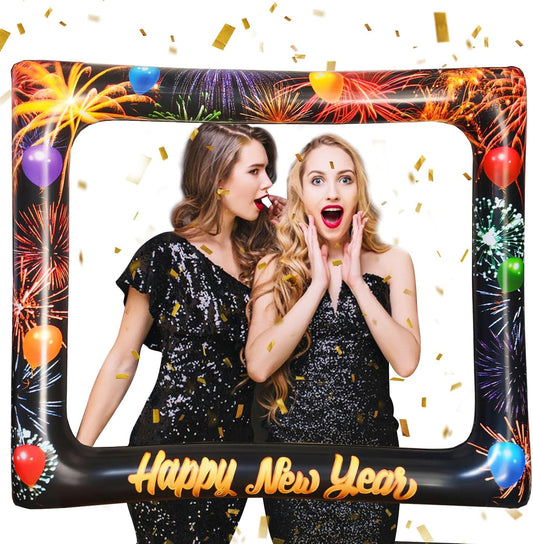 New Year Party Photo Booth Props Frame, LMSHOWOWO Colorful Happy New Year's Eve Blow Up Inflatable Selfie Photo Frame, Funny New Year Photo Booth Props for Men Women New Year Party Decoration Supplies