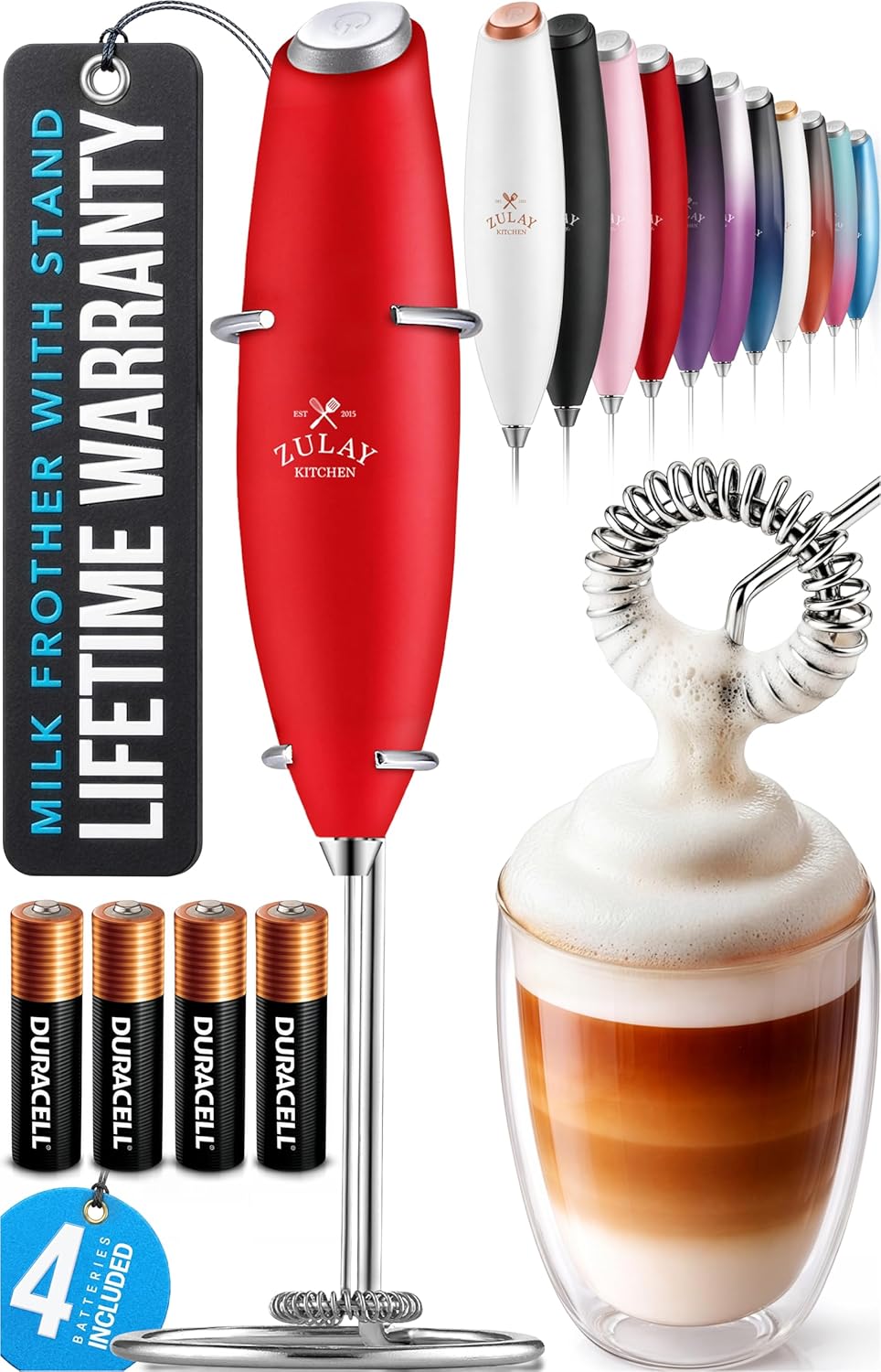 Zulay Kitchen Powerful Milk Frother Wand With Duracell Batteries - Ultra Fast Handheld Drink Mixer - Electric Whisk Foam Maker for Coffee, Lattes, Cappuccino & Matcha - Z1 Motor - Black - Colors C