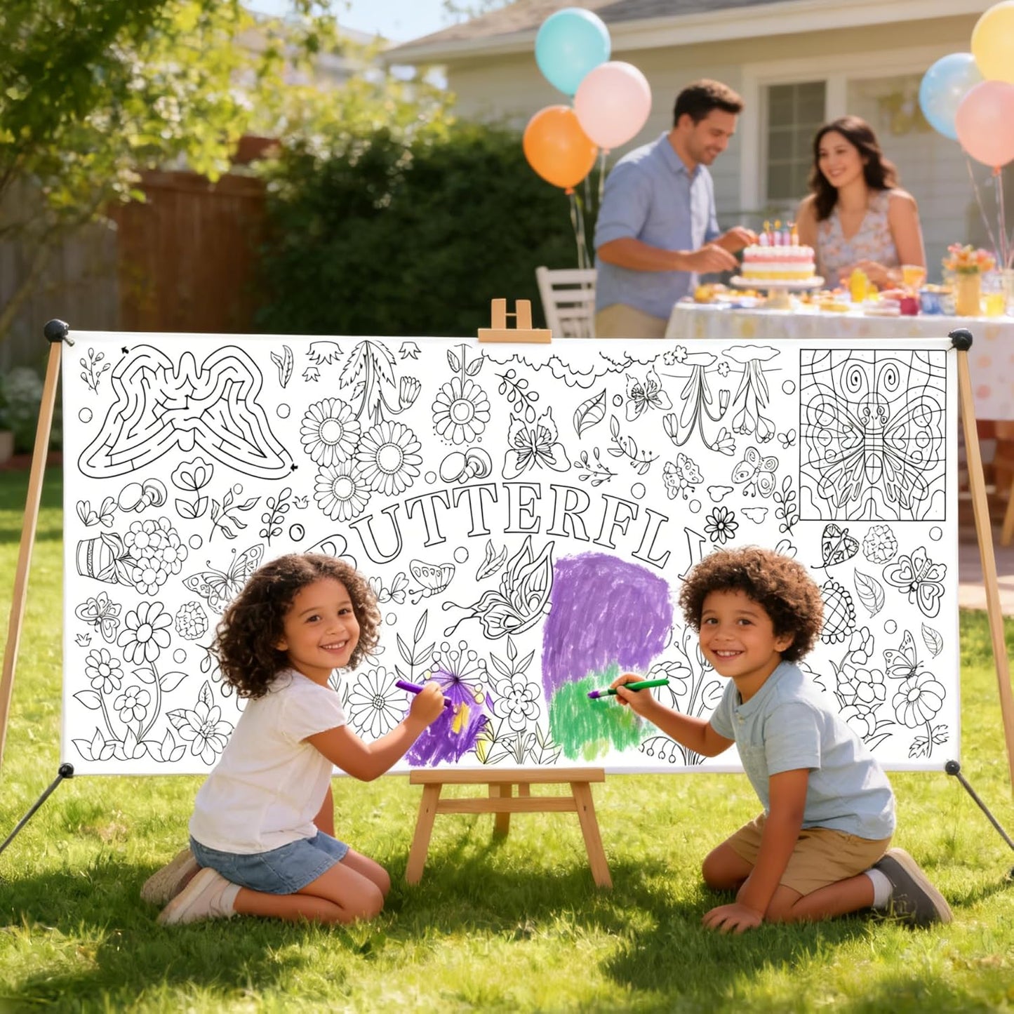 Kids Coloring Tablecloth, Easter Bunny Egg Chick Theme Paper Coloring Poster, 31 x 72 Inch Spring Holiday Coloring Activity Party Table Cover