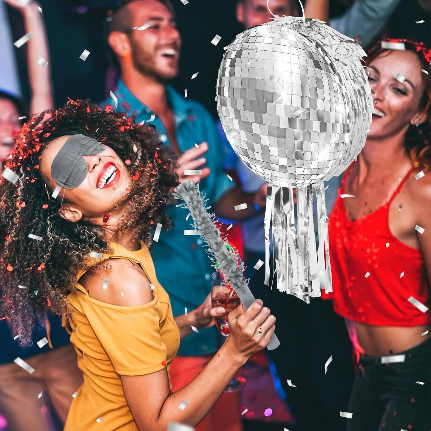 Disco Ball Pinata with Stick and Blindfold 80s 90s Theme Party Decorations Silver Mirror Disco Ball Pinata for Birthdays Weddings Roller Skating Party Supplies