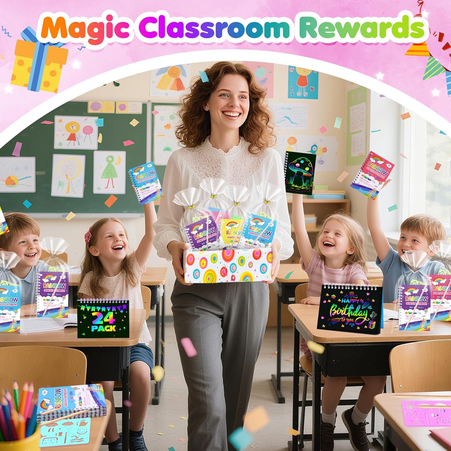 Elover Party Favors for Kids 4-8-12: 24 Pack Scratch Rainbow Art Crafts Notebook, Coloring Book Goodie Bags Stuffers Kit, Bulk Birthday Gift Classroom Prizes Girl Boy Toddler