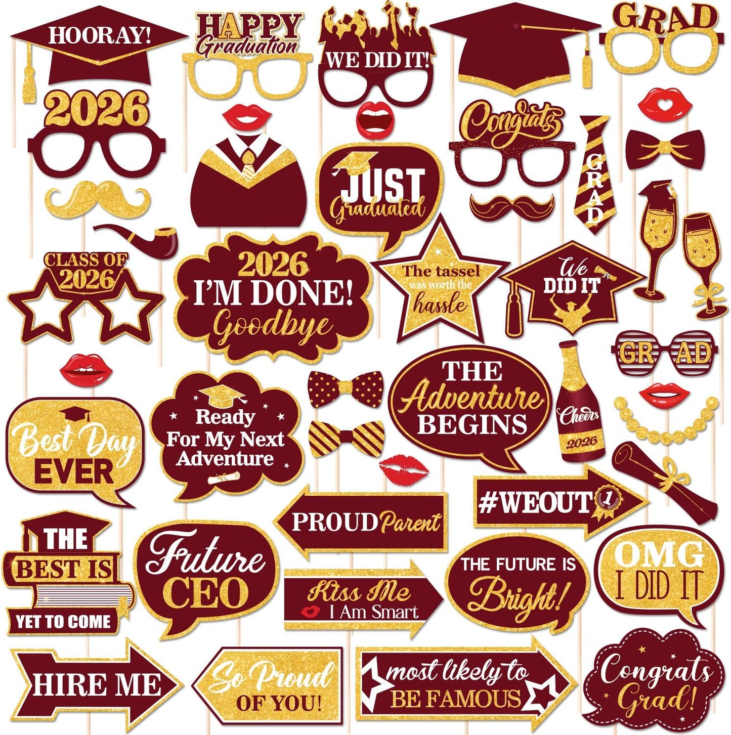 46Pcs Blue Gold Graduation Photo Booth Props 2026 Graduation Decorations with Sticks Class of 2026 Grad Party Favors Supplies for High School & College