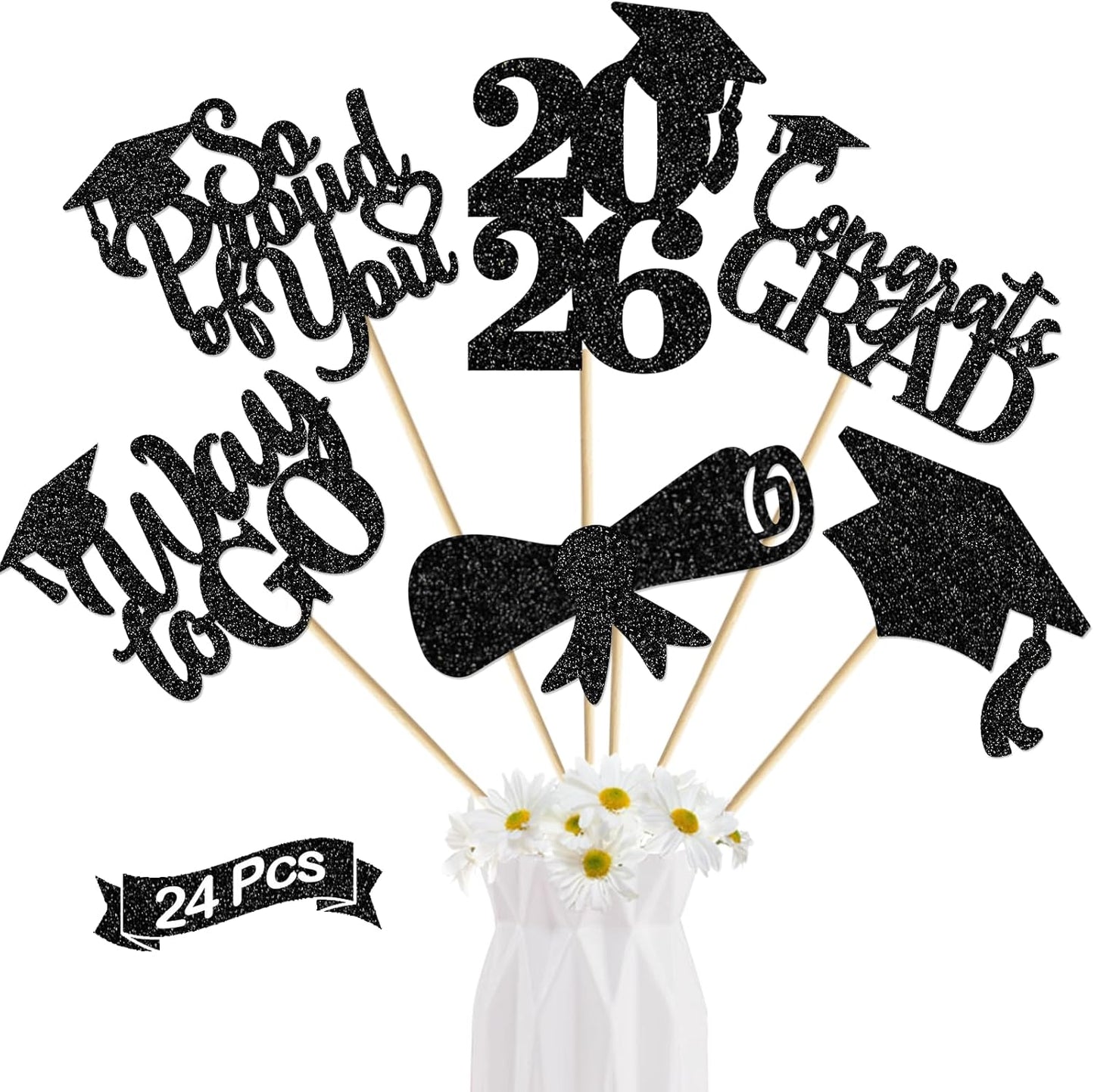 24Pcs Graduation Centerpieces for Tables: 2026 Graduation Centerpiece Sticks Class of 2026 for Grad Table Decorations Congrats Decorations (Black)