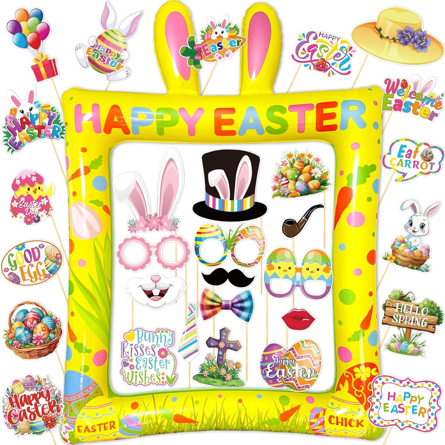 Hawaiian Photo Booth Props & Inflatable Frame, 30Pcs Luau Photobooth Props with Large Inflatable Inflatable Selfie Picture Frame for Summer Tropical Aloha Luau Party Selfie Supplies