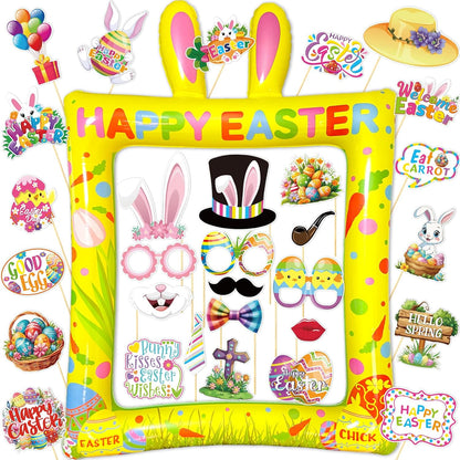 Hawaiian Photo Booth Props & Inflatable Frame, 30Pcs Luau Photobooth Props with Large Inflatable Inflatable Selfie Picture Frame for Summer Tropical Aloha Luau Party Selfie Supplies