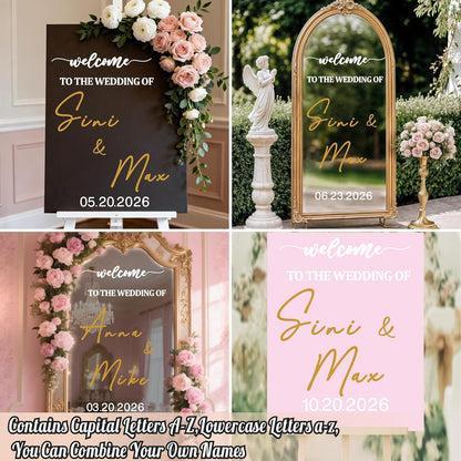 Custom Name Welcome to Our Wedding Signs Personalized Wedding Mirror Decals Selfie Mirror Decal for Wedding Entry Reception Display Golden Date Marriage DIY Vinyl Lettering Welcome Party Decoration