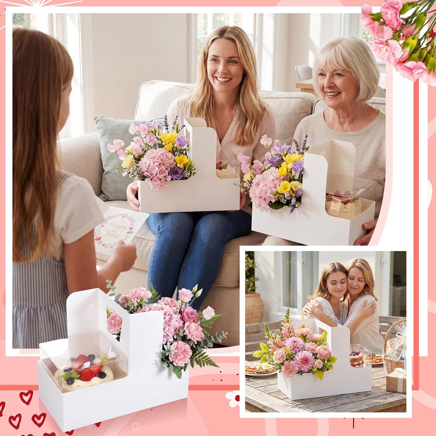 Qinyoung 12 Sets Mother's Day Flower Gift Box Cake Flower Gift Boxes with 12 Pcs Transparent PVC Cake Boxes Mother's Day Box for Teacher,Mom Wedding, Birthday Party(White,Classic,Blank)