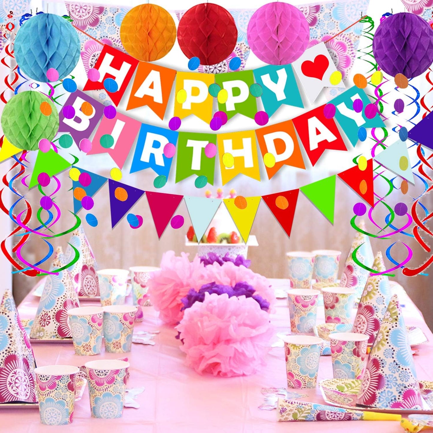 Fecedy Happy Birthday Banner With Colorful Paper Flag Bunting Paper Circle Confetti Garland Swirl Streamers Honeycomb ball for Birthday Party Decorations