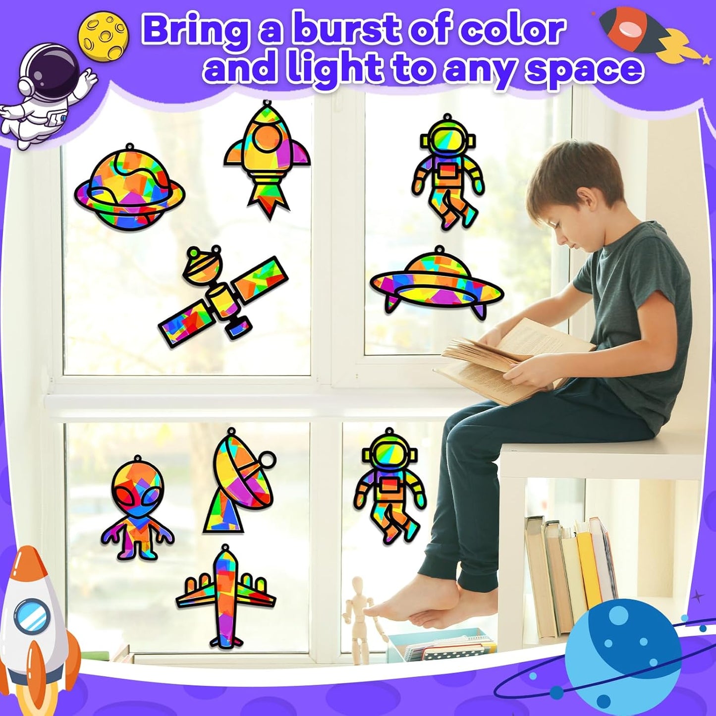 QOUBAI 32 Sets Stars Suncatchers Craft Back to School DIY Stained Glass Window Patriotic 4th of July Paper Craft Home School Classroom Decor Kid Birthday Gift Creative Art Activity Game - Colors A