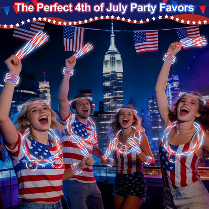200 PCS 4th of July Glow Sticks Bulk with Connectors,Red White Blue 3 Colors In 1 Glow in The Dark Stick, Light Up Bracelets & Necklaces for Kids & Adults, 250th Anniversary USA Party Favor Supplies