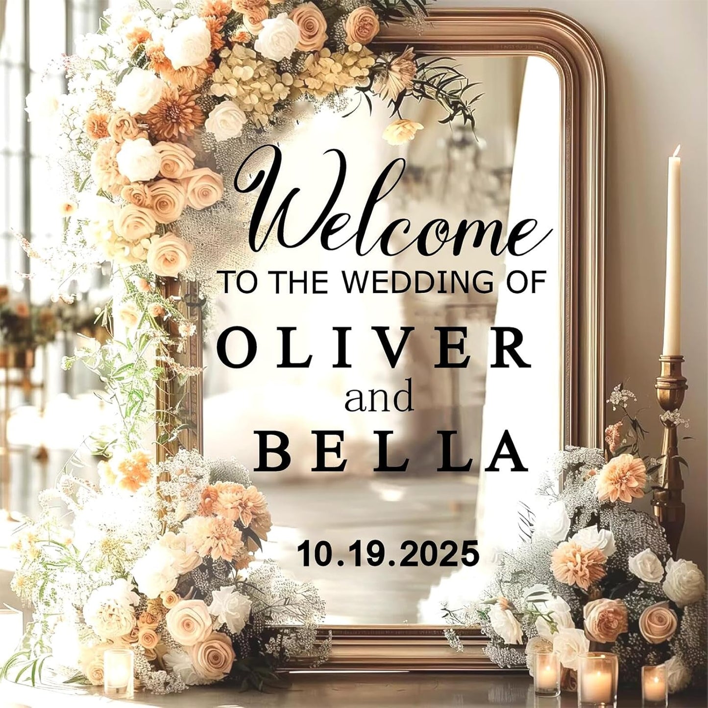 Custom Name Welcome to Our Wedding Signs Personalized Wedding Mirror Decals Selfie Mirror Decal for Wedding Entry Reception Display Golden Date Marriage DIY Vinyl Lettering Welcome Party Decoration