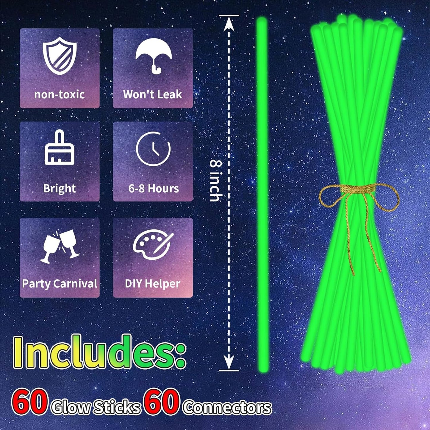 60 Pack 8” White Glow Sticks Bulk with 60 Connectors Neon Glow In The Dark Party favors Supplies for Holiday Birthday Party Decoration (White)