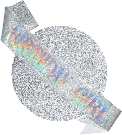 RUDONG M Birthday Girl Sash Glitter - Silver Birthday Sash for Women & Girls | Sweet 16/18th/21st/30th/40th/50th/60th/70th, All-Age Celebration Party Decor