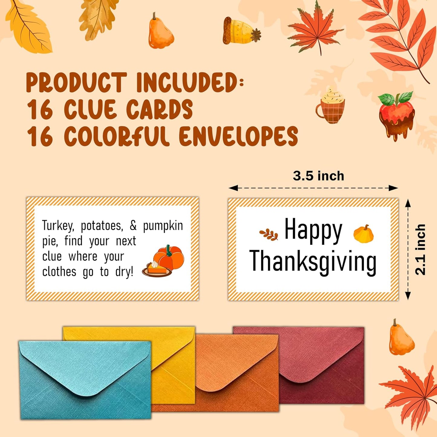 Thanksgiving Scavenger Hunt Clues Card, Outdoor Indoor Autumn Harvest Games, Thanksgiving Party Supplies Decoration, Set of 16 Cards with Colourful Envelopes -A01