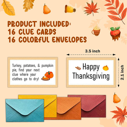 Thanksgiving Scavenger Hunt Clues Card, Outdoor Indoor Autumn Harvest Games, Thanksgiving Party Supplies Decoration, Set of 16 Cards with Colourful Envelopes -A01