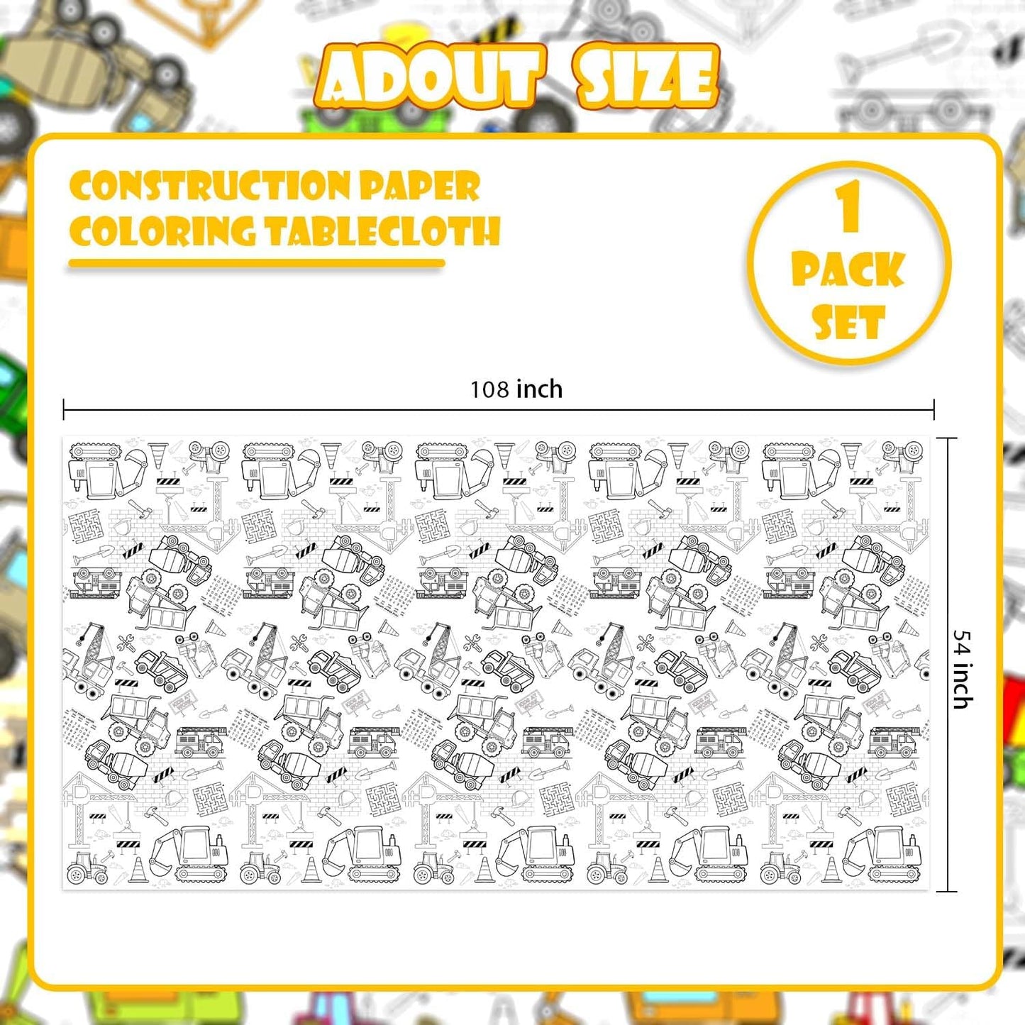 Giant Construction Party Coloring Tablecloth for Kids - Huge Construction Theme Table Cover Large Dump Truck Vehicle Painting Poster for Children Birthday Party Supplies 54x108 Inch