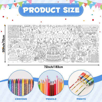 Happy Birthday Giant Coloring Poster/Tablecloth, 30 x 72 Inch Birthday Craft for Kids Art Crafts Paper Banner Kid Games Activities,Coloring Tablecloth Crafts for Classroom Wall School Home Parties