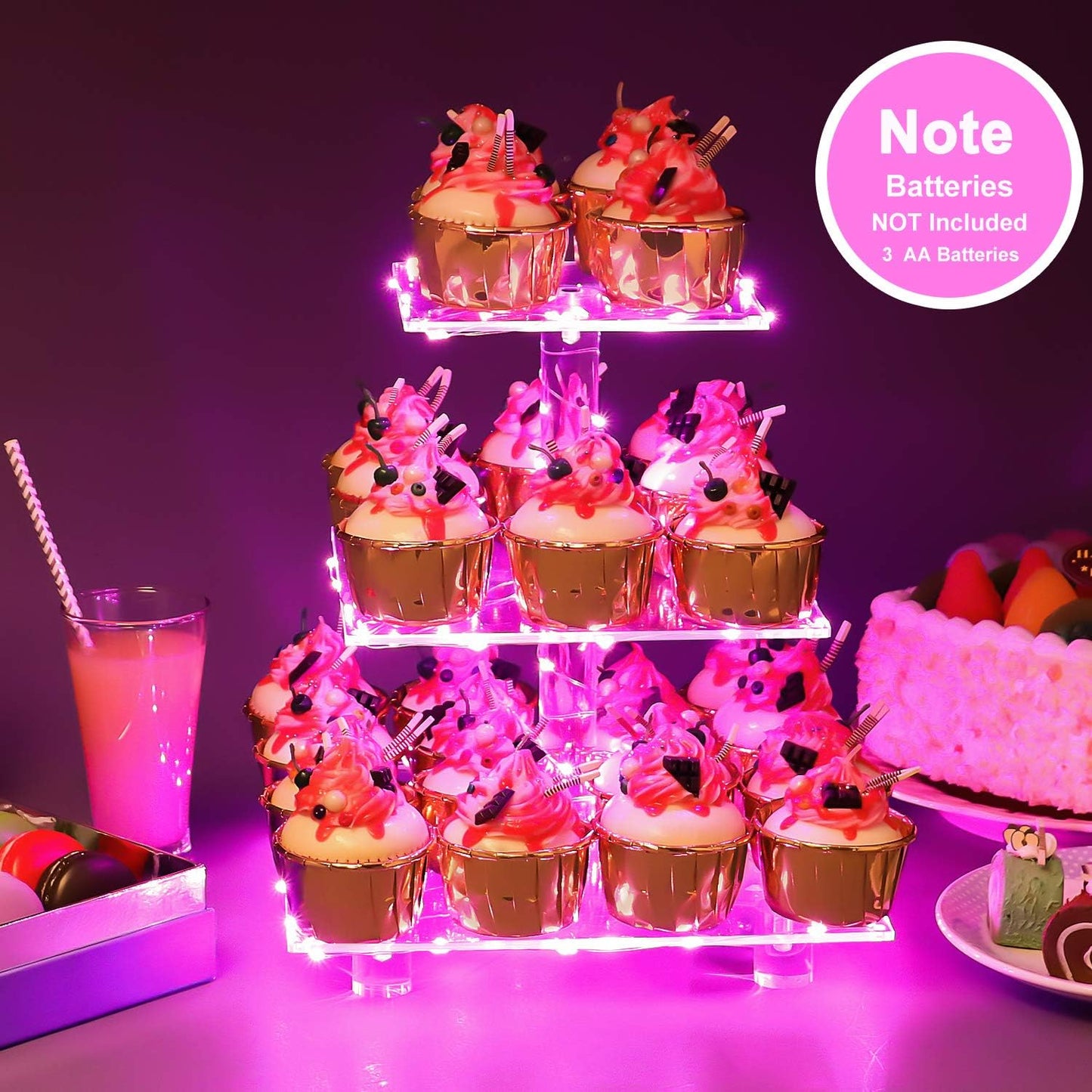 YestBuy Cupcake Stand with Yellow Led Lights, 4 Tier Cupcake Stand for 50 Cupcakes, Acrylic Cupcake Tower Stand, Clear Tiered Cupcake Holder for Birthday Cady Bar Décor Weddings, Parties Events
