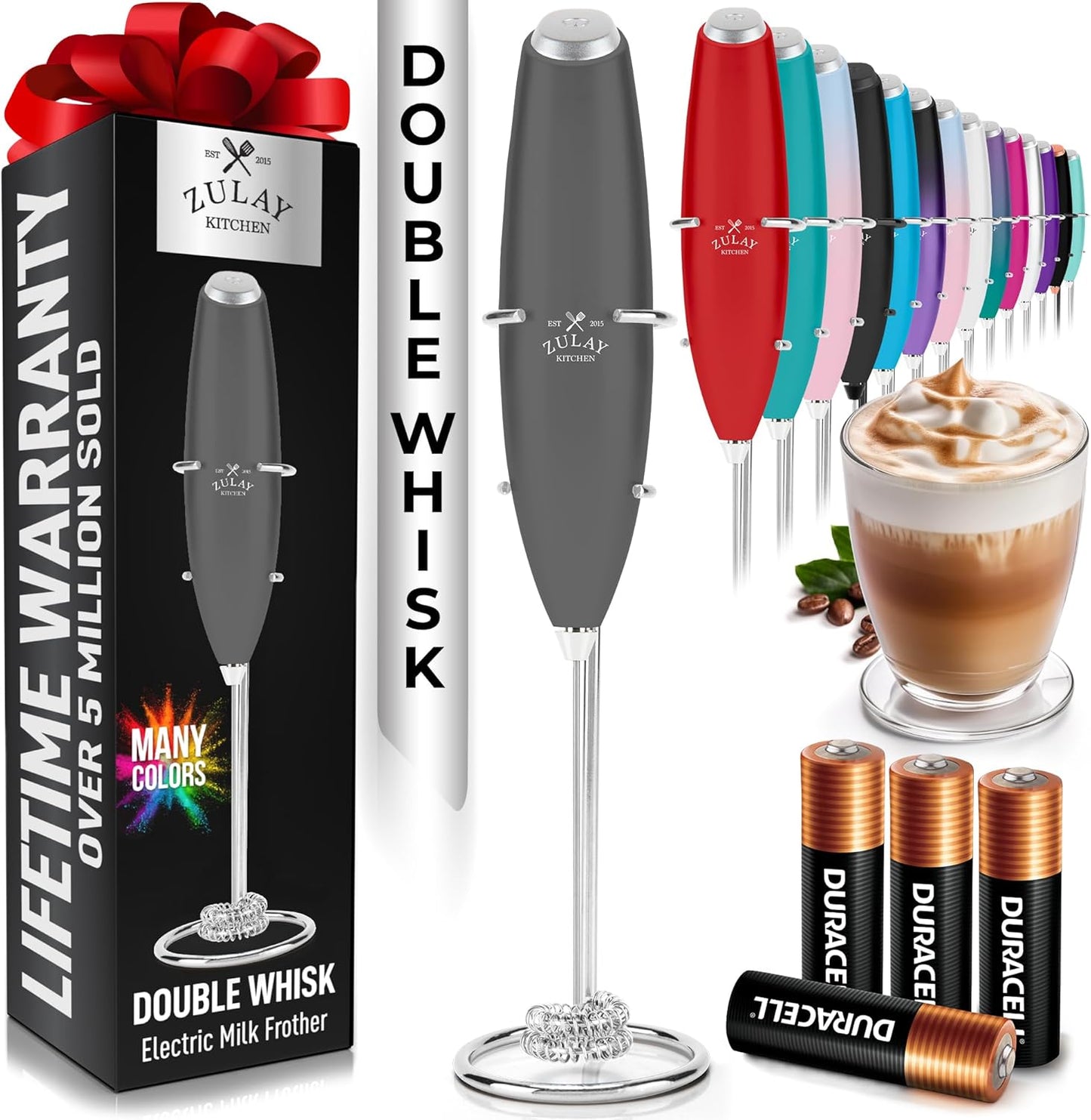 Zulay Kitchen Powerful Milk Frother Wand With Duracell Batteries - Ultra Fast Handheld Drink Mixer - Electric Whisk Foam Maker for Coffee, Lattes, Cappuccino & Matcha - Z1 Motor - Black - Colors A