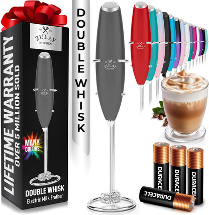 Zulay Kitchen Powerful Milk Frother Wand With Duracell Batteries - Ultra Fast Handheld Drink Mixer - Electric Whisk Foam Maker for Coffee, Lattes, Cappuccino & Matcha - Z1 Motor - Black - Colors A