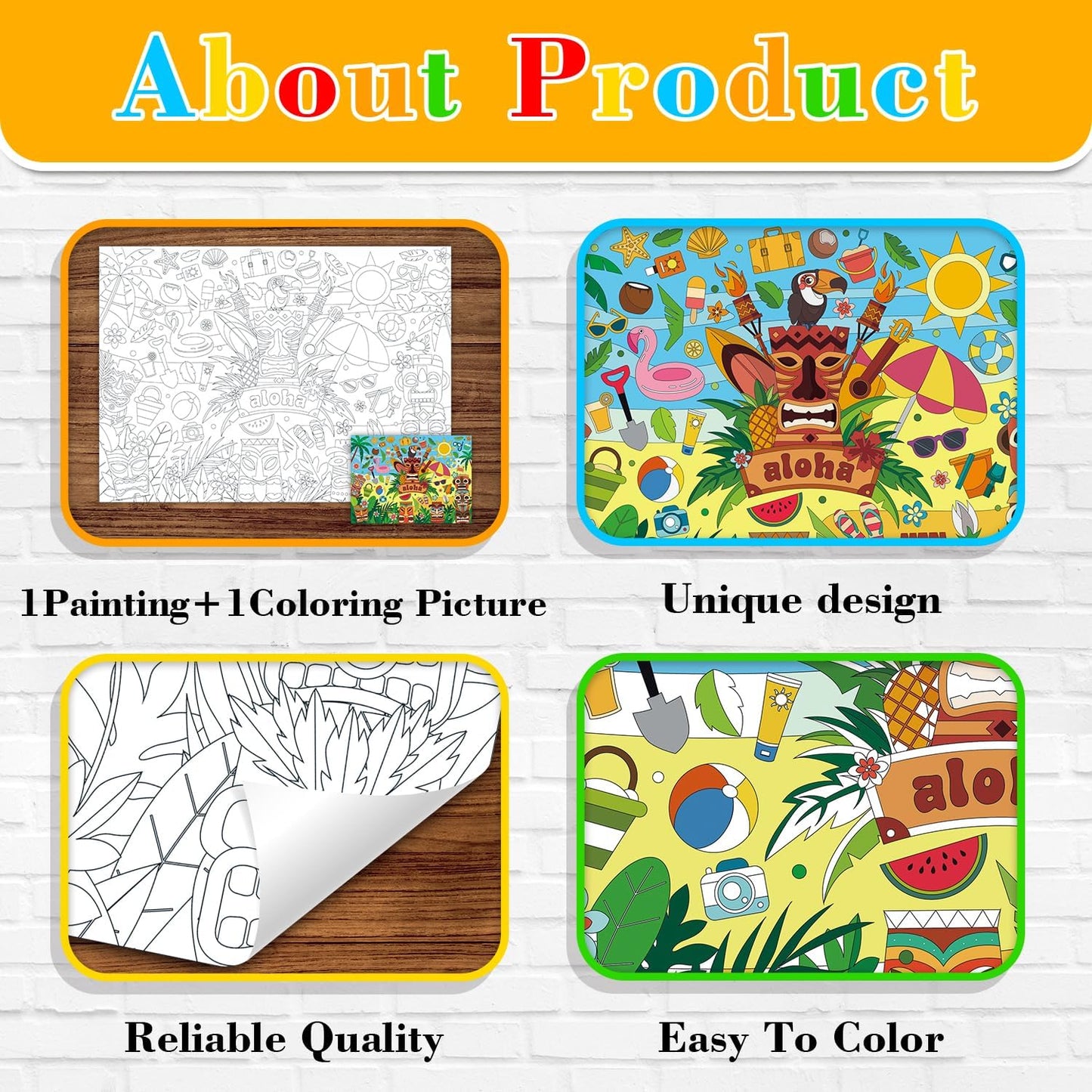 43.3x31.5 Summer Coloring Poster with Picture, Giant Cute Painting Poster, Large Coloring Tablecloth for Classroom Home Birthday Party Supplies Favor