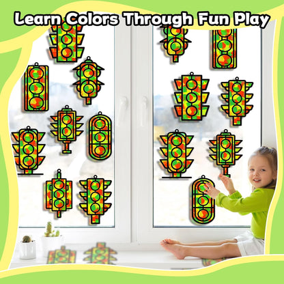 QOUBAI 32 Sets Stars Suncatchers Craft Back to School DIY Stained Glass Window Patriotic 4th of July Paper Craft Home School Classroom Decor Kid Birthday Gift Creative Art Activity Game - Colors A