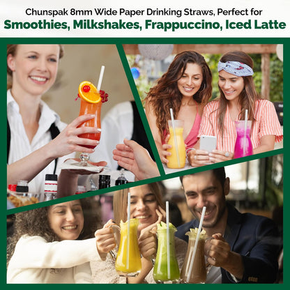 [300 Pack] Biodegradable 10 Inch Long Giant Paper Drinking Straws 8mm Wide - Individually Wrapped, Plain White