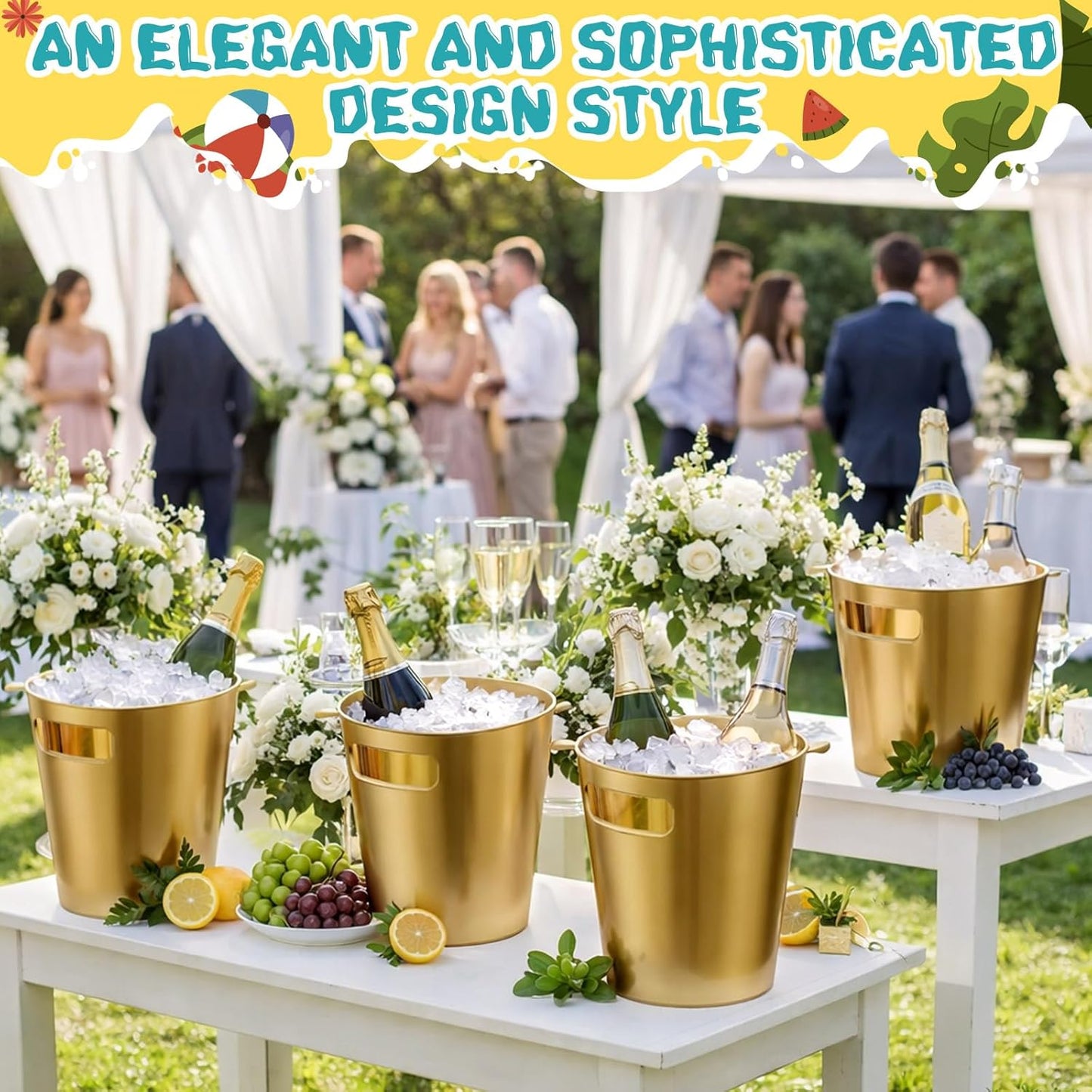 meekoo 32 Pack Gold Ice Buckets for Parties, 3l Plastic Beverage Bucket with Handle, Large Drink Tub Cooler for Champagne, Wine, Beer, and Soda, Beverage Tubs for Wedding, Bar, Table Display