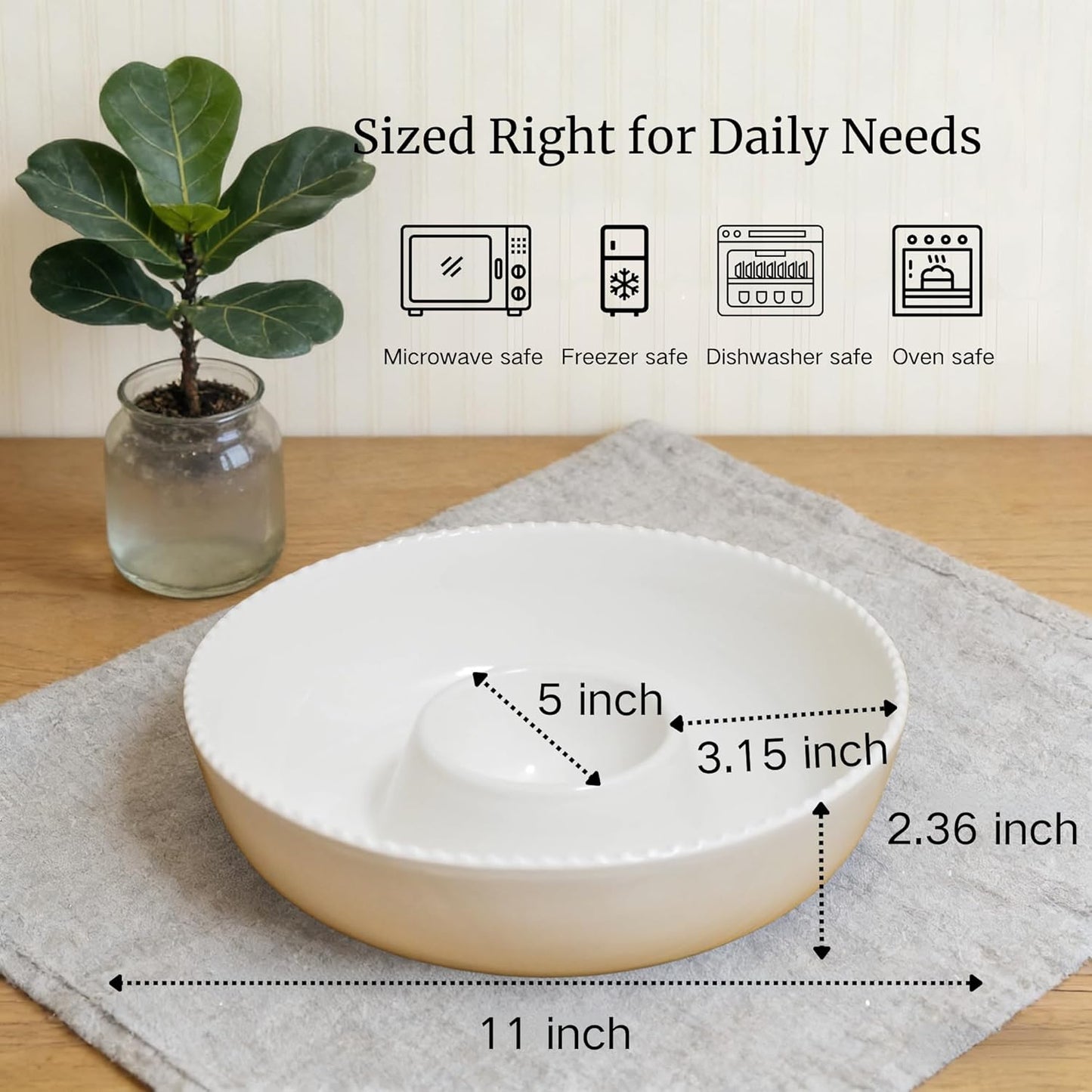 11'' Ceramic Chip and Dip Tray, Middle Size Divided Serving Set for Parties, Mixing Bowl Sets for Salsa, Snack, Veggies, Dumpling, Fruit, Salad, Fruit, Entertaining, Hosting, Ivory White