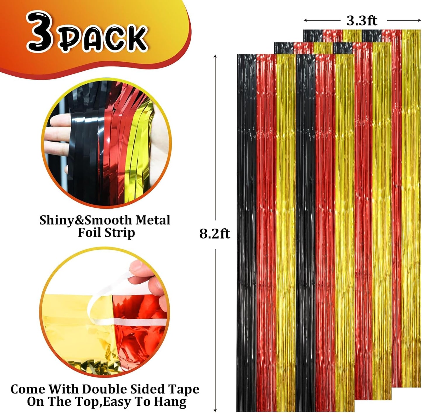 Voircoloria 3 Pack 3.3x8.2 Feet Gold Foil Fringe Backdrop Curtains, Tinsel Streamers, Fringe Backdrop for 2025 New Years Eve, Graduation, Birthday, Baby Shower, Gender Reveal, Disco Party - Colors A