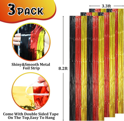 Voircoloria 3 Pack 3.3x8.2 Feet Gold Foil Fringe Backdrop Curtains, Tinsel Streamers, Fringe Backdrop for 2025 New Years Eve, Graduation, Birthday, Baby Shower, Gender Reveal, Disco Party - Colors A