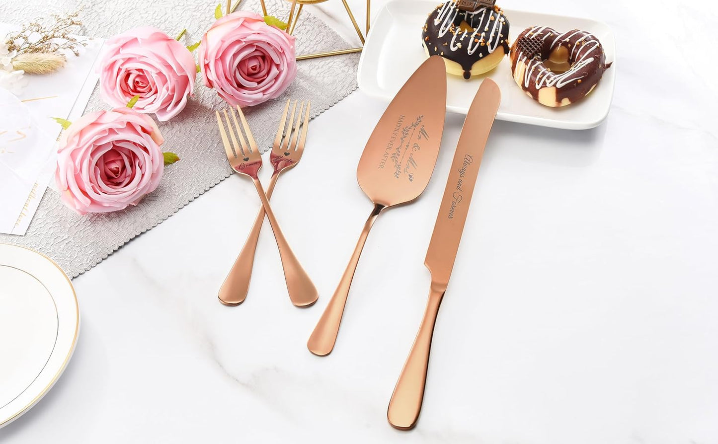 Wedding Cake Knife and Server Set, Gold Cake Cutting Set for Wedding, 4 Pieces Set with Forks for Engagements, Anniversaries, Bride and Groom