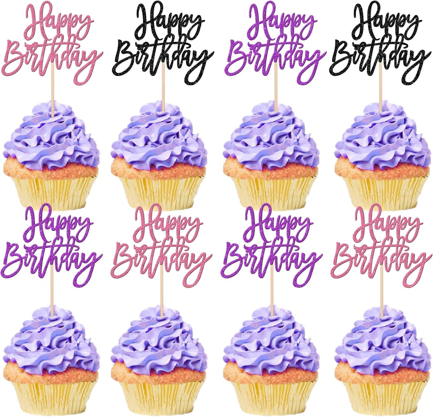 24 PCS Happy Birthday Cupcake Toppers Glitter Picks for Celebrating Anniversary Theme Party Cake Decorations Supplies Gold