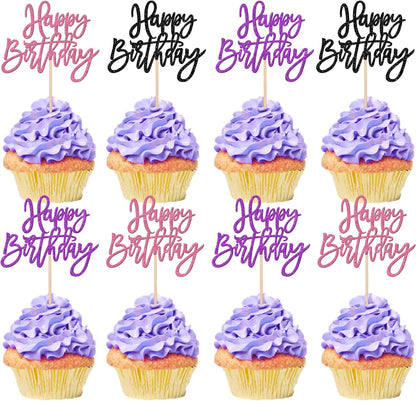 24 PCS Happy Birthday Cupcake Toppers Glitter Picks for Celebrating Anniversary Theme Party Cake Decorations Supplies Gold