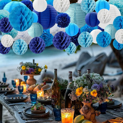 WOLHOWLTD Mermaid Theme Paper Decoration Set - 33 Pcs Paper Lanterns, Pompoms, Honeycomb Decorations for Mermaid Theme, Baby Shower,Wedding Rainbow Birthday Party Home Decoration(Pink Blue Purple)